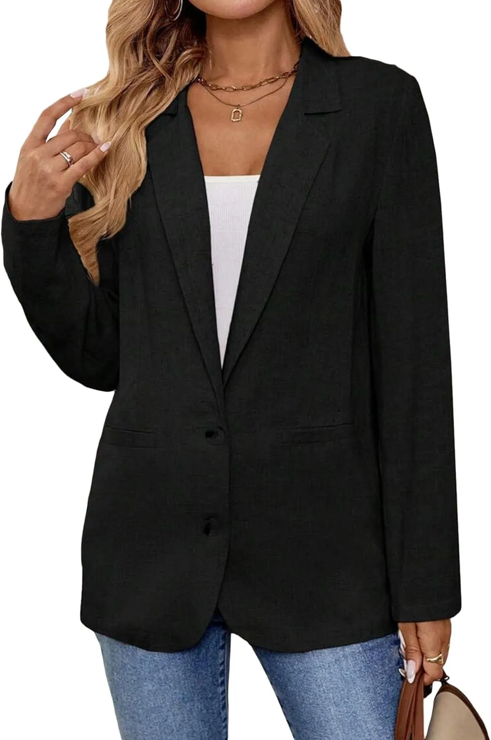 2025 Linen Blazers for Women Business Casual Long Sleeve Lapel Open Front Suit Jacket Work Blazer with Pockets