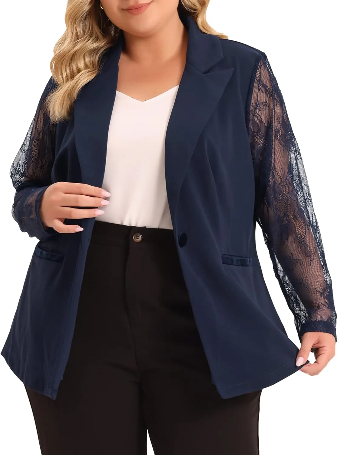 Agnes Orinda Plus Size Blazer for Women Work Jacket Notch Lapel Lace Front Blazers Jackets