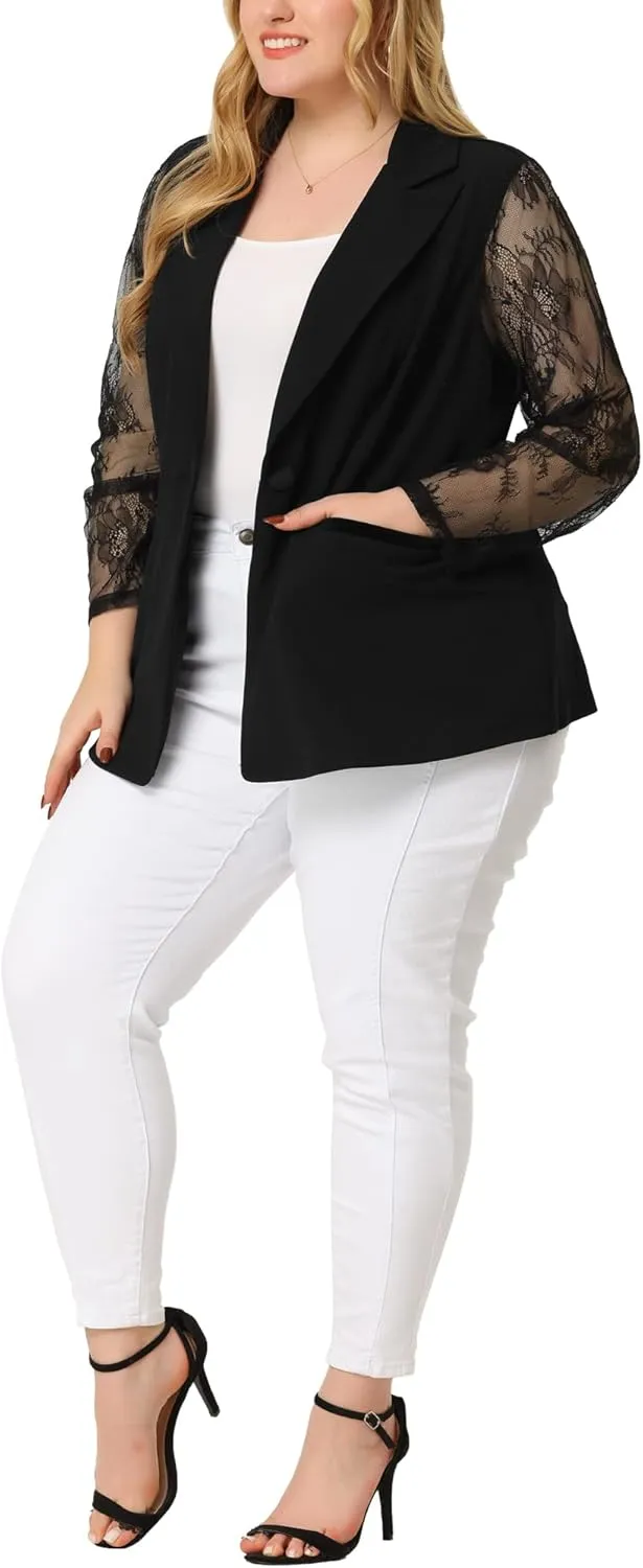 Agnes Orinda Plus Size Blazer for Women Work Jacket Notch Lapel Lace Front Blazers Jackets