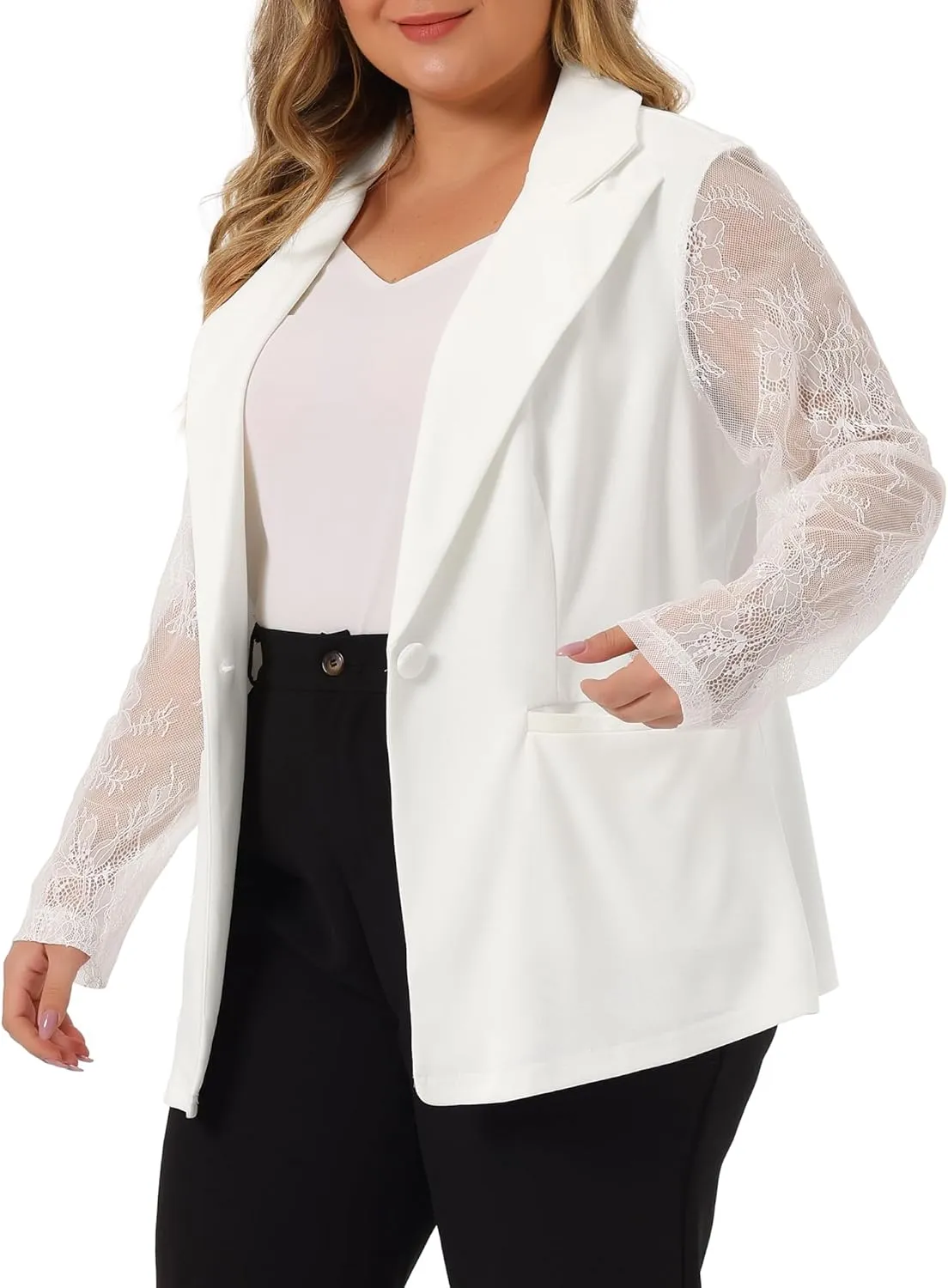 Agnes Orinda Plus Size Blazer for Women Work Jacket Notch Lapel Lace Front Blazers Jackets