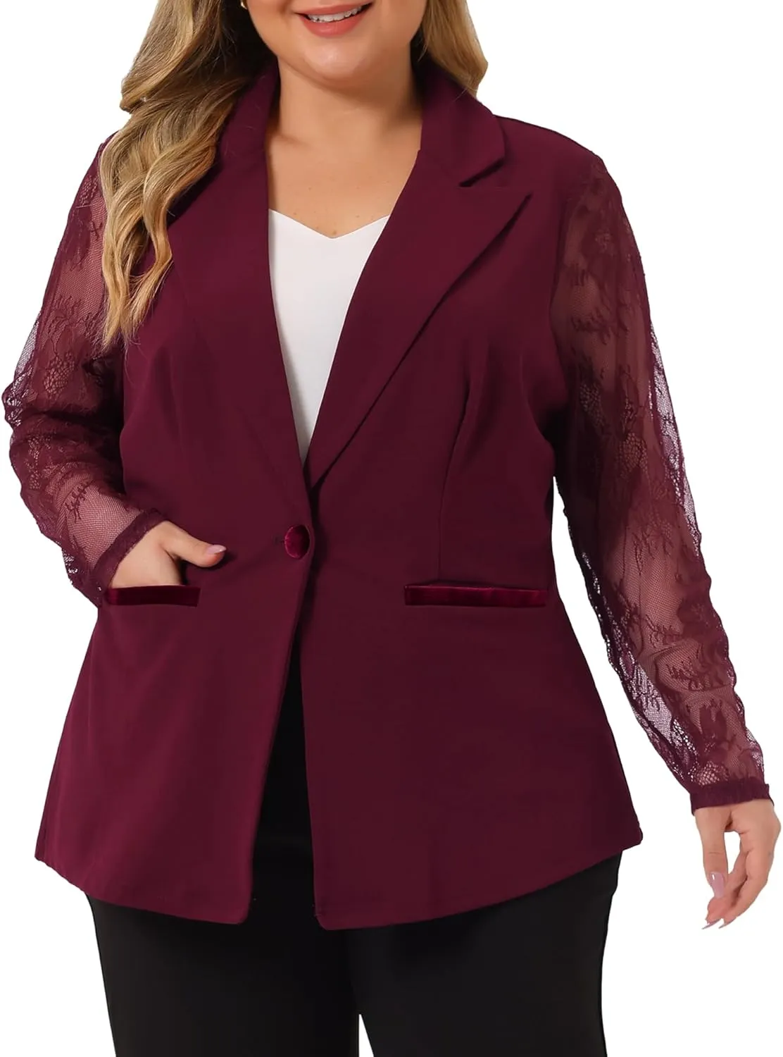 Agnes Orinda Plus Size Blazer for Women Work Jacket Notch Lapel Lace Front Blazers Jackets