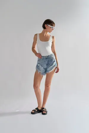 Antique-Wash High-Waisted Distressed Denim-Shorts