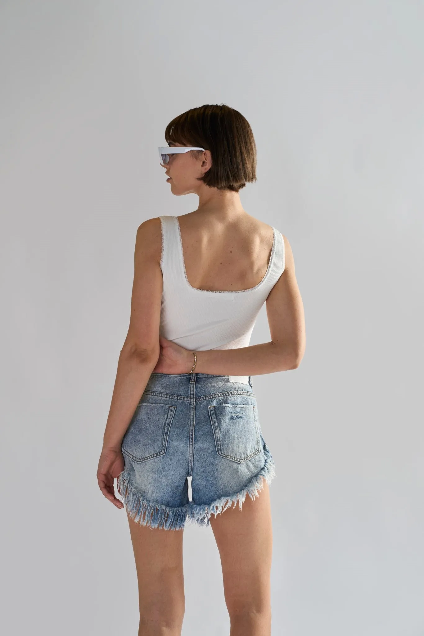 Antique-Wash High-Waisted Distressed Denim-Shorts