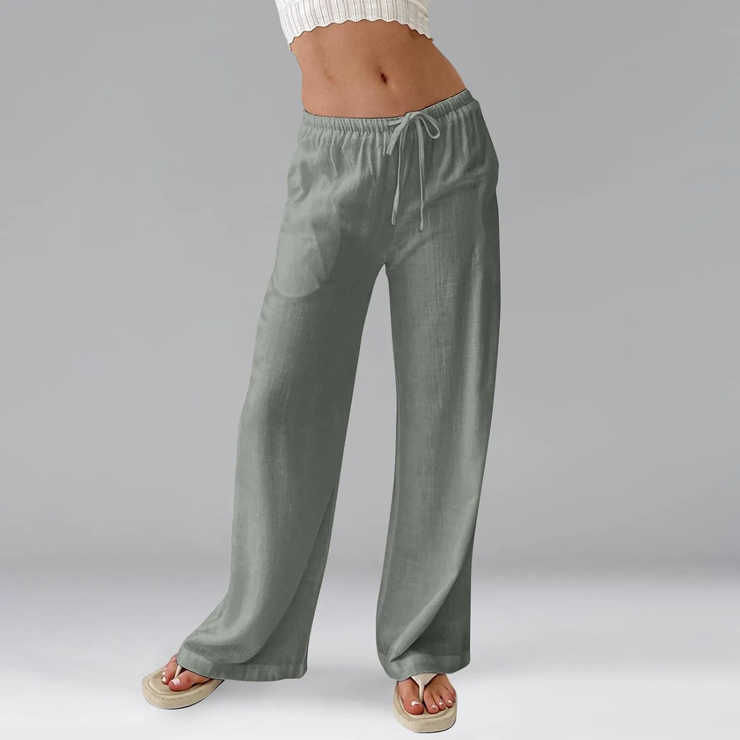 Baggy Wide Leg Linen Pants for Women Elastic High Waisted Pants Summer Beach Vacation Gauze Pants with Pockets