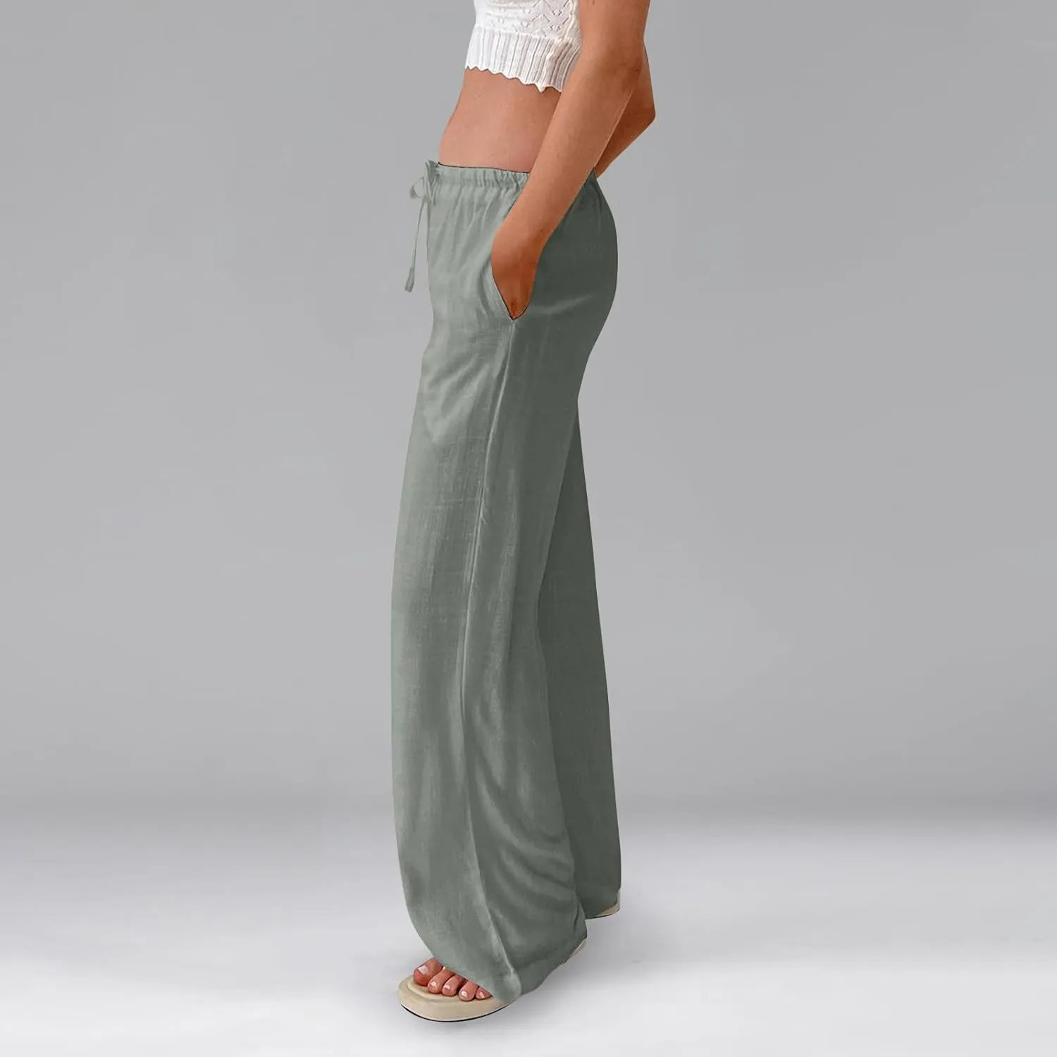 Baggy Wide Leg Linen Pants for Women Elastic High Waisted Pants Summer Beach Vacation Gauze Pants with Pockets