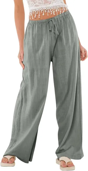 Baggy Wide Leg Linen Pants for Women Elastic High Waisted Pants Summer Beach Vacation Gauze Pants with Pockets
