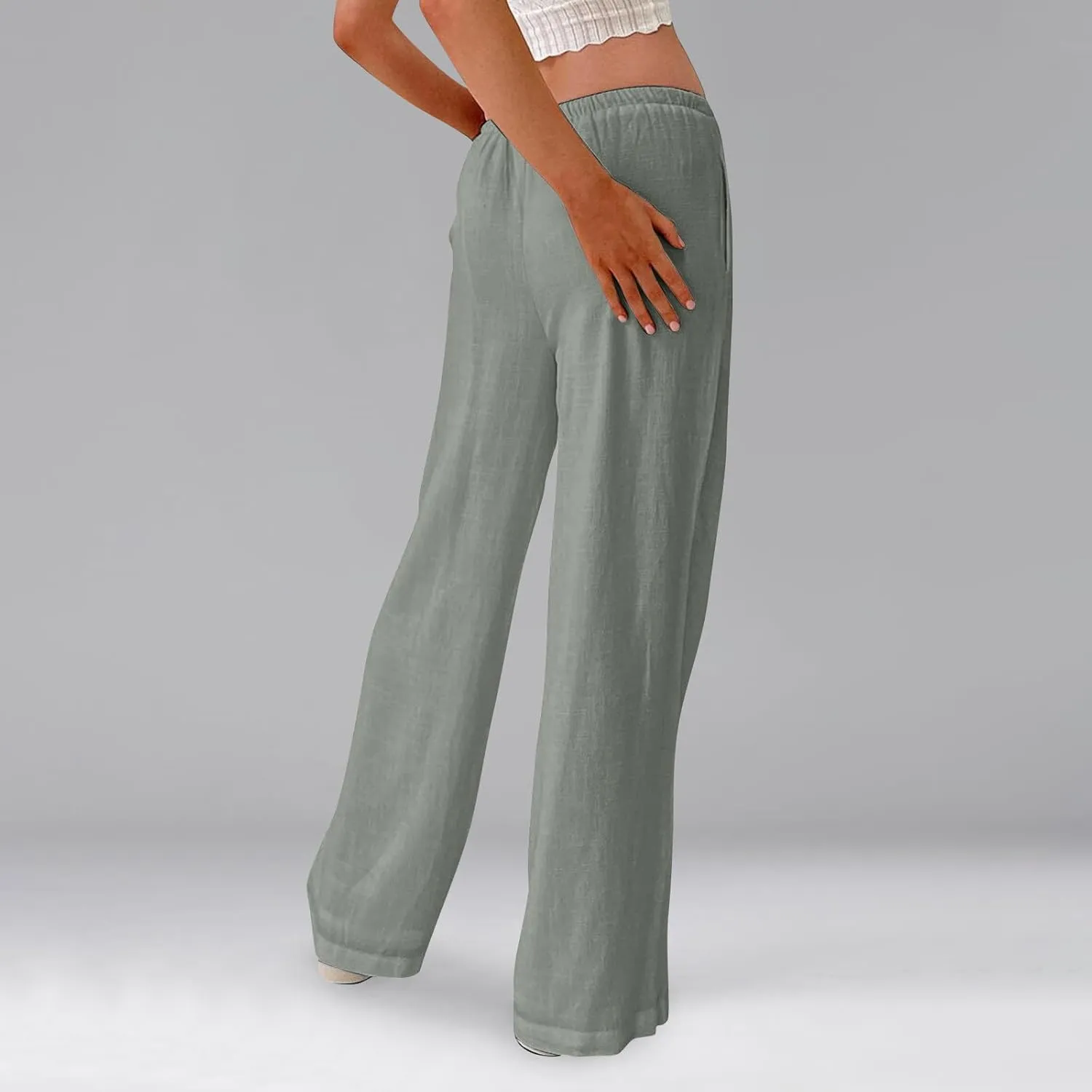 Baggy Wide Leg Linen Pants for Women Elastic High Waisted Pants Summer Beach Vacation Gauze Pants with Pockets