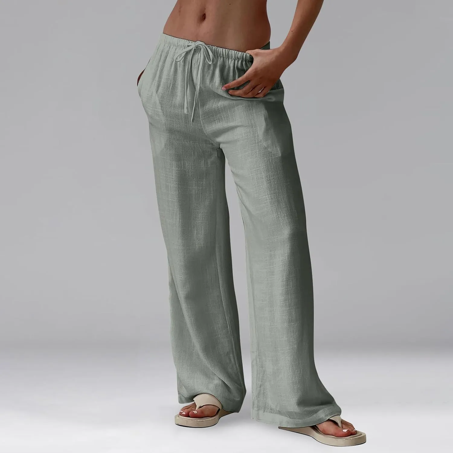 Baggy Wide Leg Linen Pants for Women Elastic High Waisted Pants Summer Beach Vacation Gauze Pants with Pockets