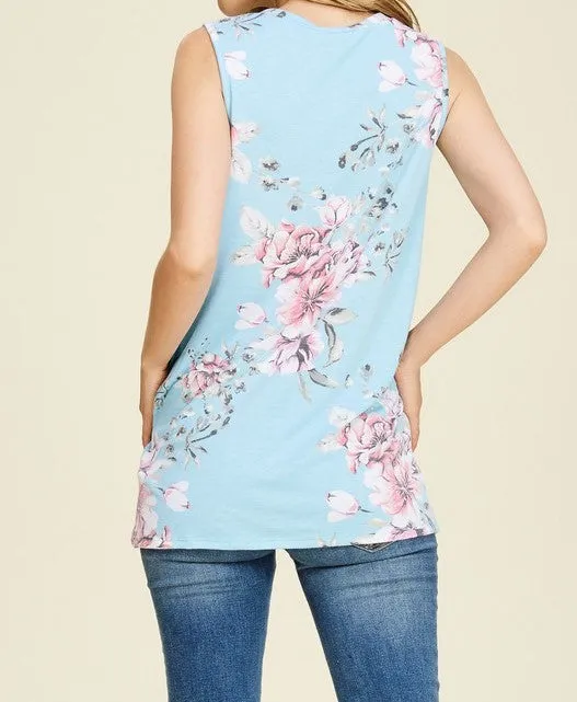 Blue Floral Gathered Hem Top