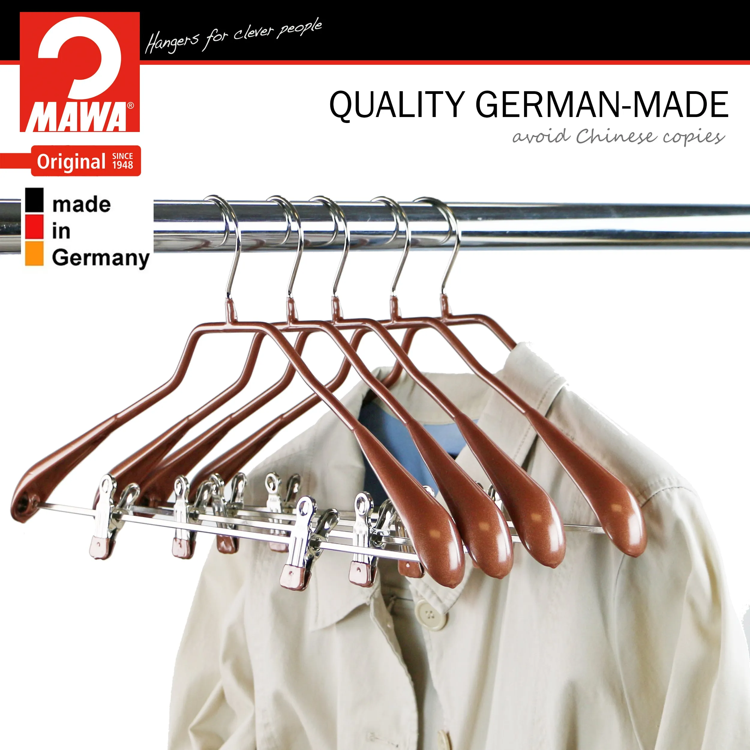 BodyForm Series -  Steel Coated Hanger with Shoulder Support & Adjustable Clips, Model 42LK, Copper