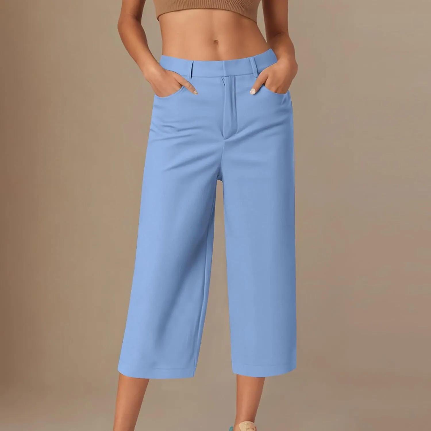 Capri Pants for Women Business Casual Loose Fit Work Cropped Trousers High Waisted Stretchy Capris with Pocket