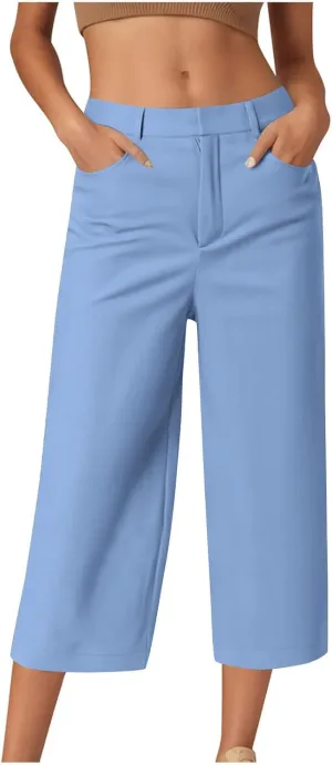 Capri Pants for Women Business Casual Loose Fit Work Cropped Trousers High Waisted Stretchy Capris with Pocket