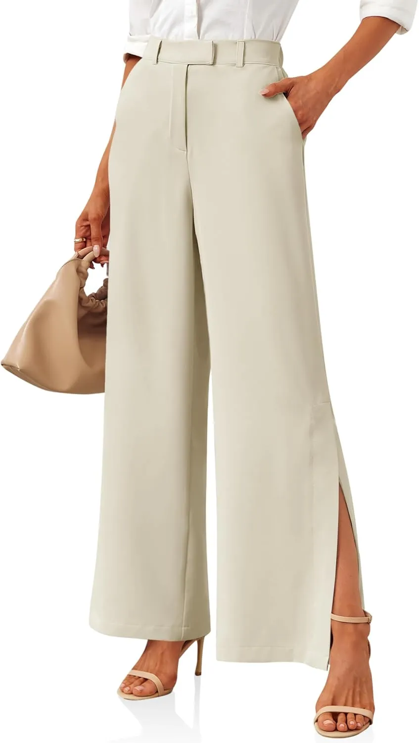 Cicy Bell Womens Side Split Dress Pants Elastic High Waisted Wide Leg Business Casual Trousers with Pockets