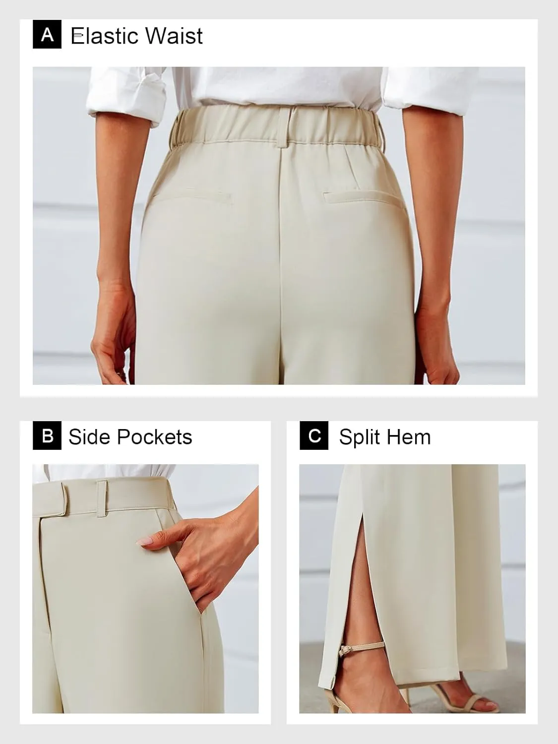 Cicy Bell Womens Side Split Dress Pants Elastic High Waisted Wide Leg Business Casual Trousers with Pockets