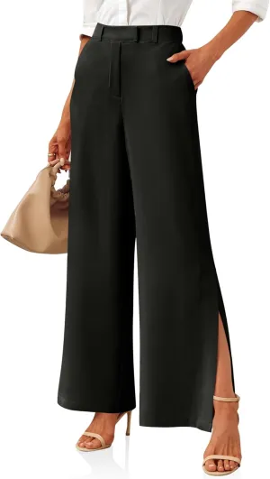 Cicy Bell Womens Side Split Dress Pants Elastic High Waisted Wide Leg Business Casual Trousers with Pockets