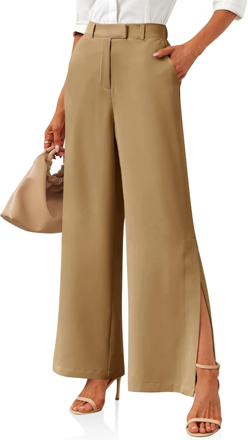 Cicy Bell Womens Side Split Dress Pants Elastic High Waisted Wide Leg Business Casual Trousers with Pockets