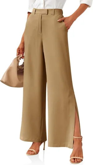 Cicy Bell Womens Side Split Dress Pants Elastic High Waisted Wide Leg Business Casual Trousers with Pockets