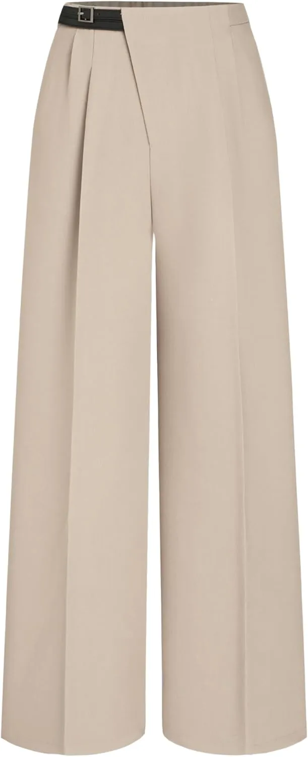 CIDER Dress Pants Women Mid Rise Belted Pocket Pleated Wide Leg Trousers