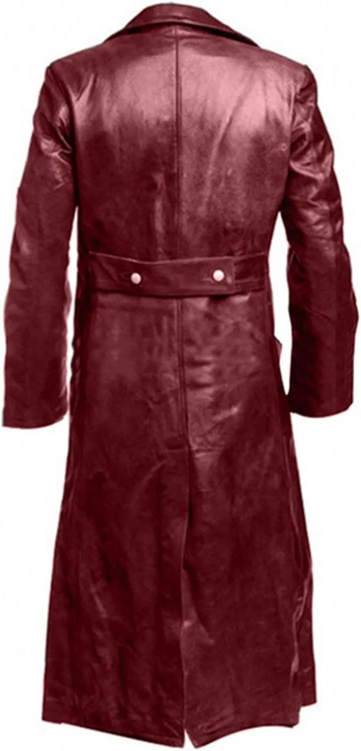 DGHM-JLMY Mens Fashion Double-Breasted Trench Coat Solid Color Long Leather Coats Slim Faux Leather Jacket Outwear