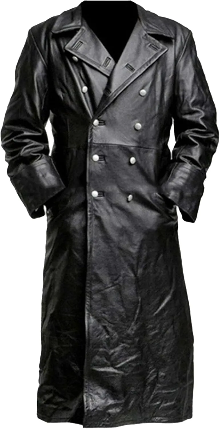 DGHM-JLMY Mens Fashion Double-Breasted Trench Coat Solid Color Long Leather Coats Slim Faux Leather Jacket Outwear