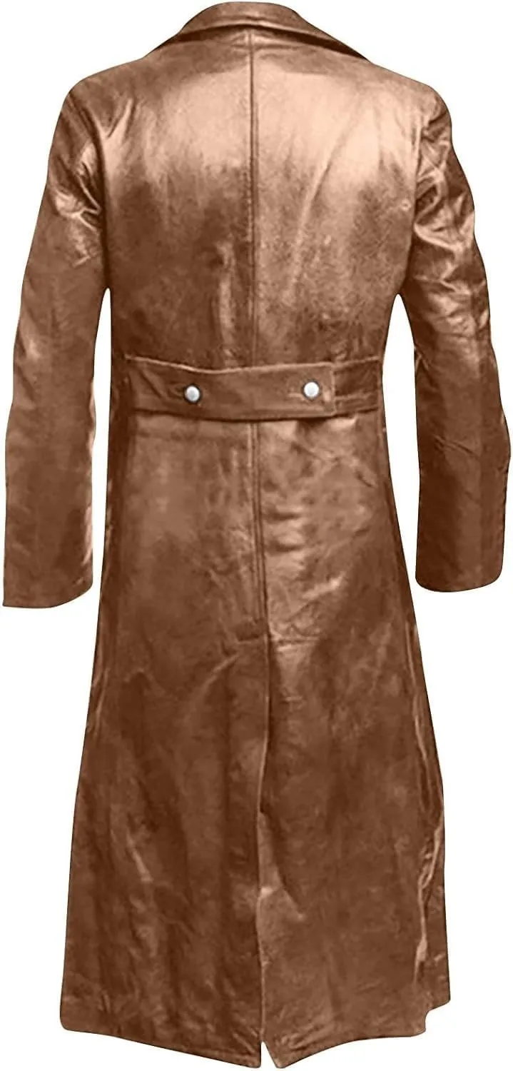 DGHM-JLMY Mens Fashion Double-Breasted Trench Coat Solid Color Long Leather Coats Slim Faux Leather Jacket Outwear