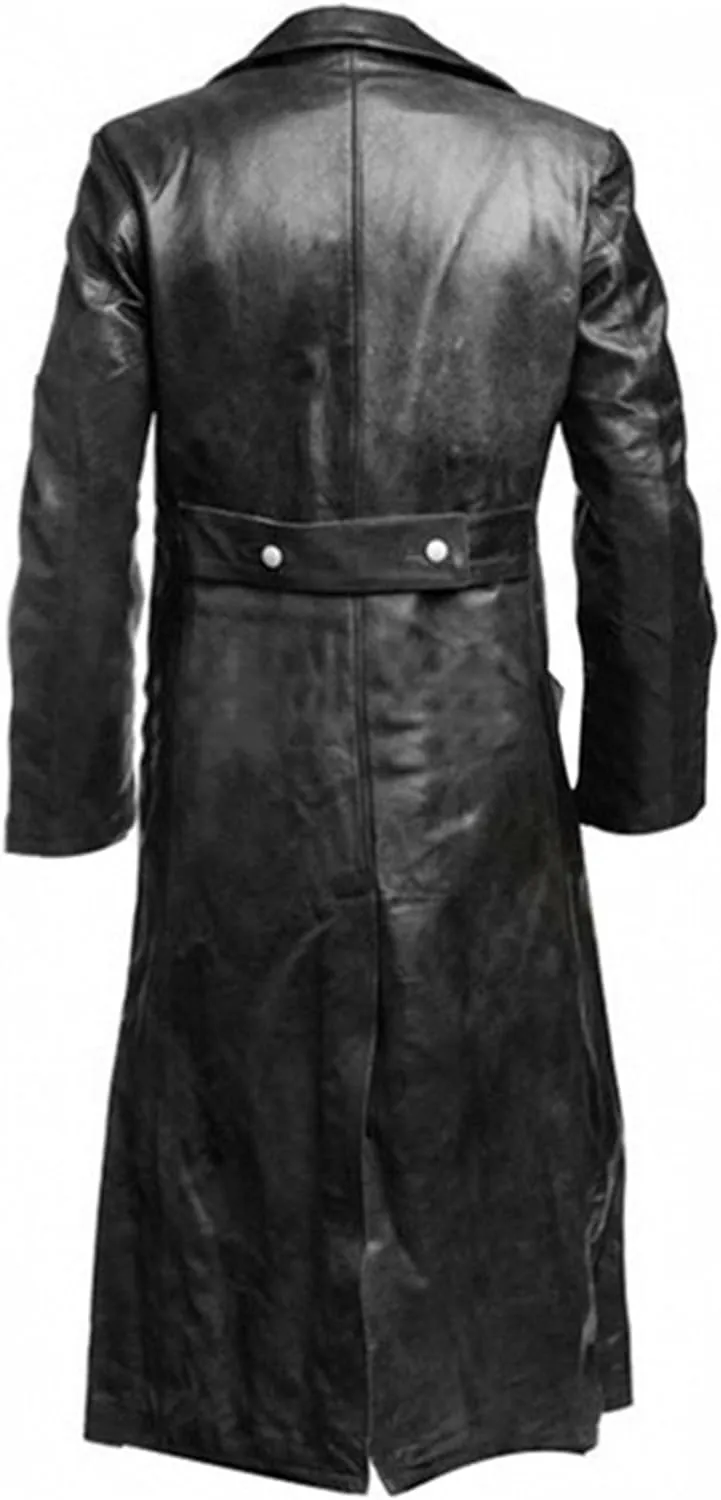 DGHM-JLMY Mens Fashion Double-Breasted Trench Coat Solid Color Long Leather Coats Slim Faux Leather Jacket Outwear