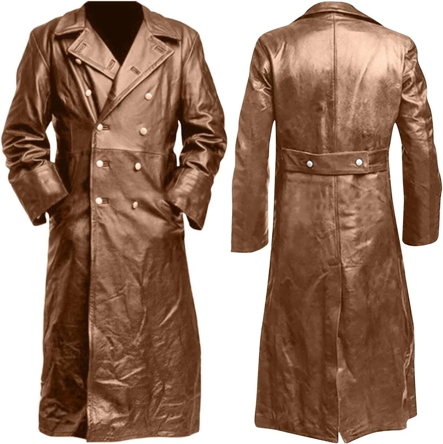 DGHM-JLMY Mens Fashion Double-Breasted Trench Coat Solid Color Long Leather Coats Slim Faux Leather Jacket Outwear