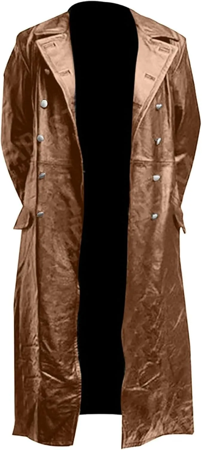 DGHM-JLMY Mens Fashion Double-Breasted Trench Coat Solid Color Long Leather Coats Slim Faux Leather Jacket Outwear