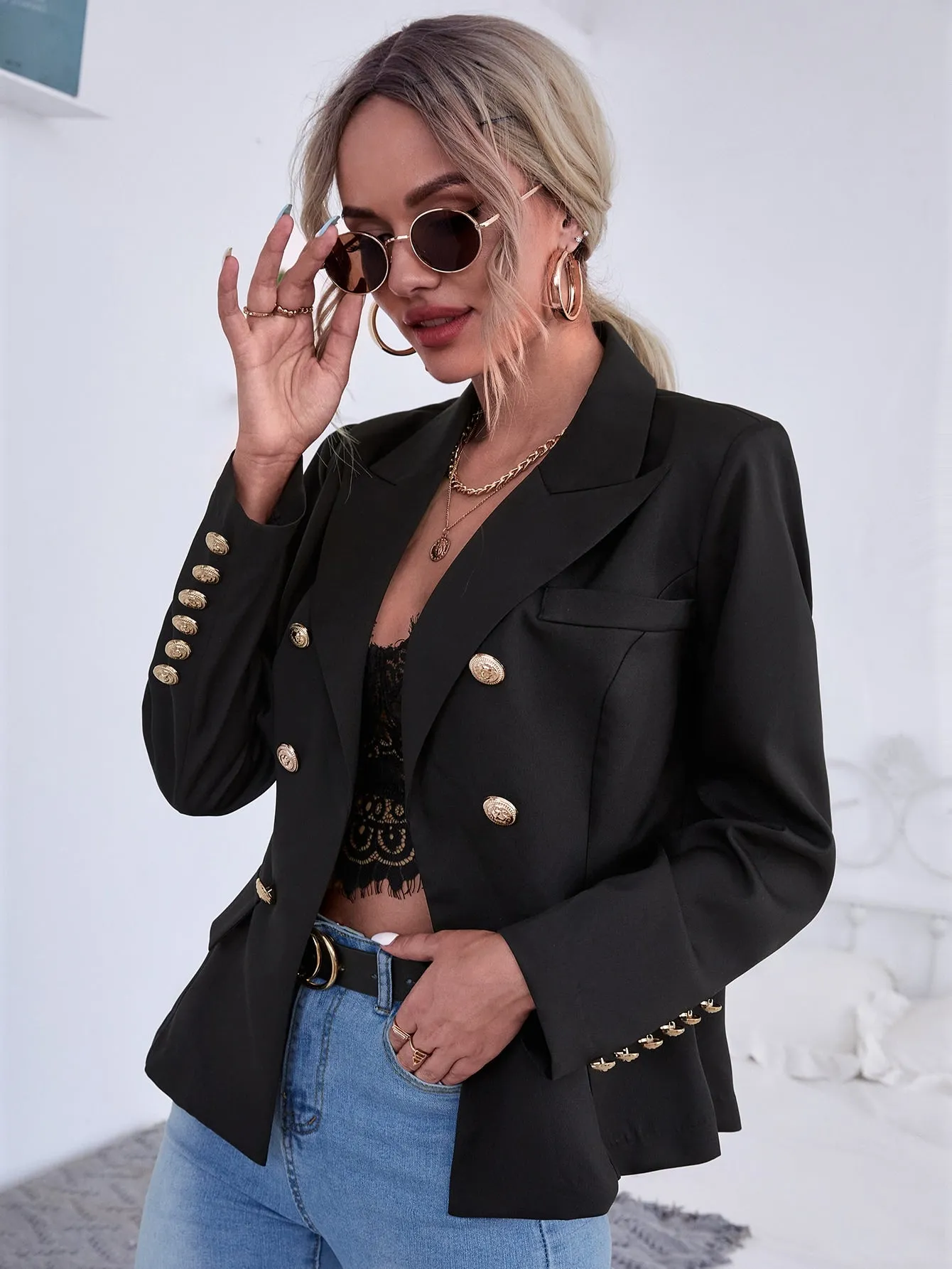 Elegant Plain Double Button Long Sleeve Regular Women Blazer