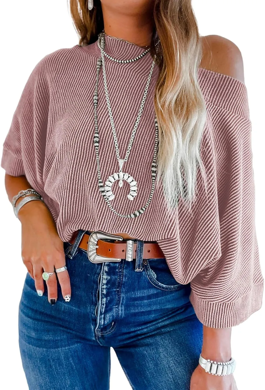 EVALESS Sexy Off The Shoulder Tops for Women 3/4 Length Sleeve Womens Tops Spring Summer 2025 Boat Neck One Shoulder Shirts