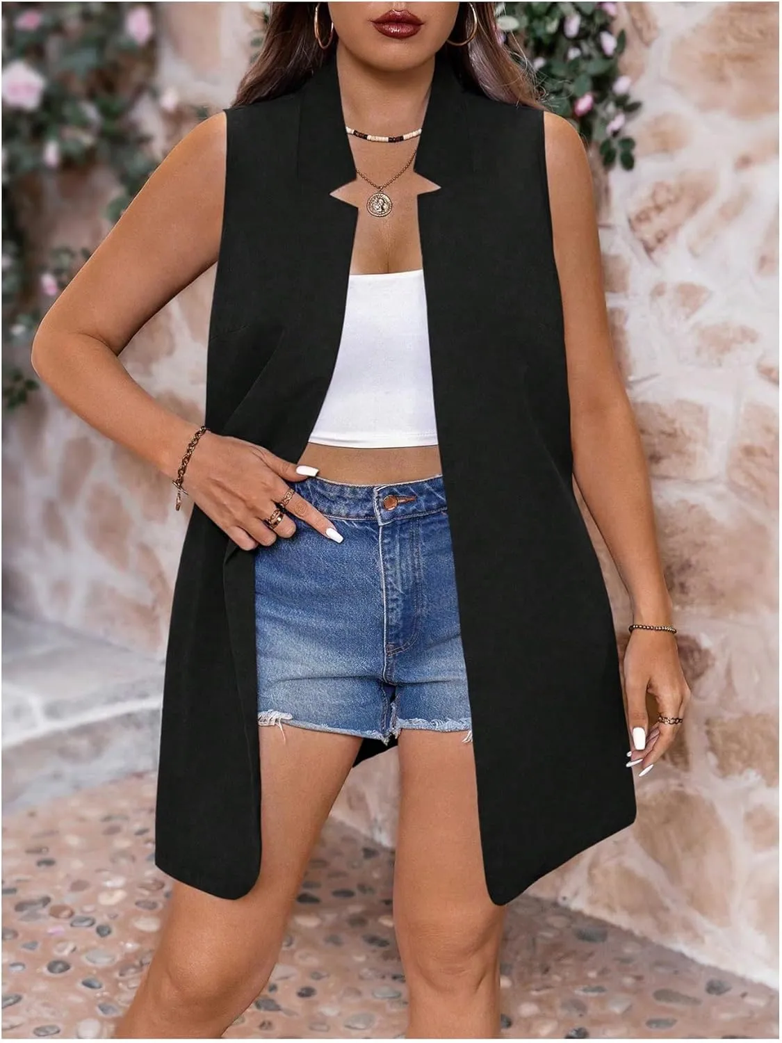 GORGLITTER Women's Plus Size Sleeveless Blazers Open Front Notch V Neck Blazer Vest