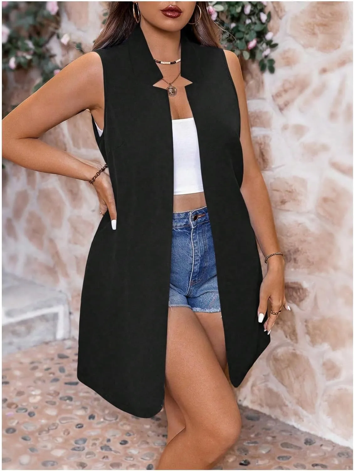 GORGLITTER Women's Plus Size Sleeveless Blazers Open Front Notch V Neck Blazer Vest