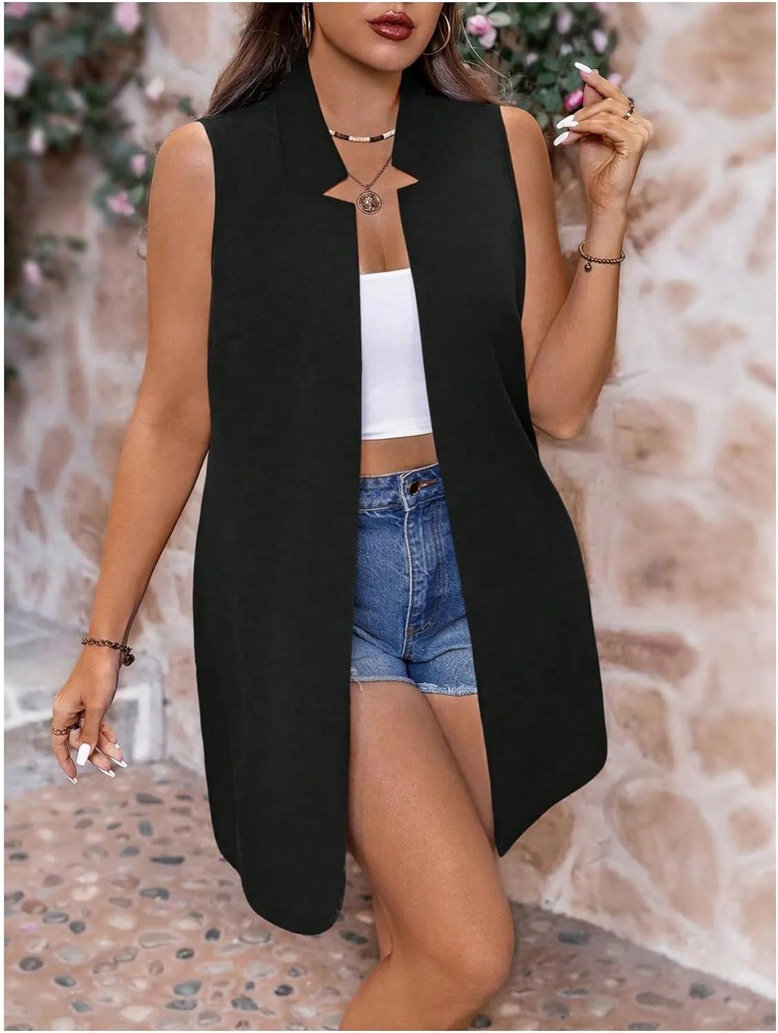 GORGLITTER Women's Plus Size Sleeveless Blazers Open Front Notch V Neck Blazer Vest
