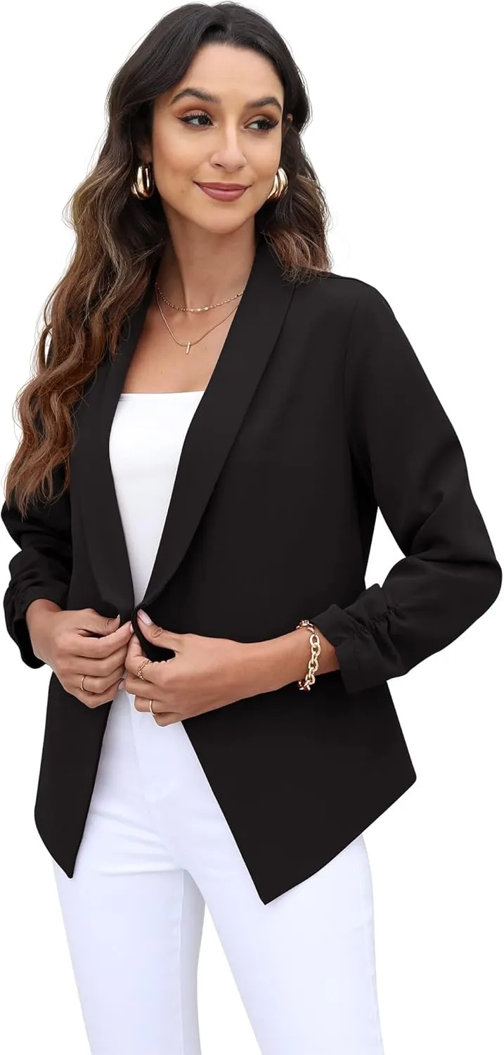 GRECERELLE Women's Blazer Suit Open Front Cardigan 3/4 Sleeve Fitted Jacket Casual Office Cropped Blazer
