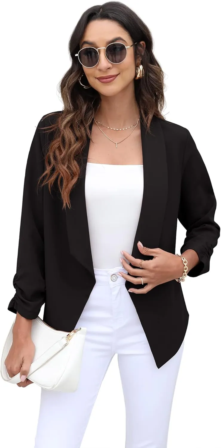 GRECERELLE Women's Blazer Suit Open Front Cardigan 3/4 Sleeve Fitted Jacket Casual Office Cropped Blazer