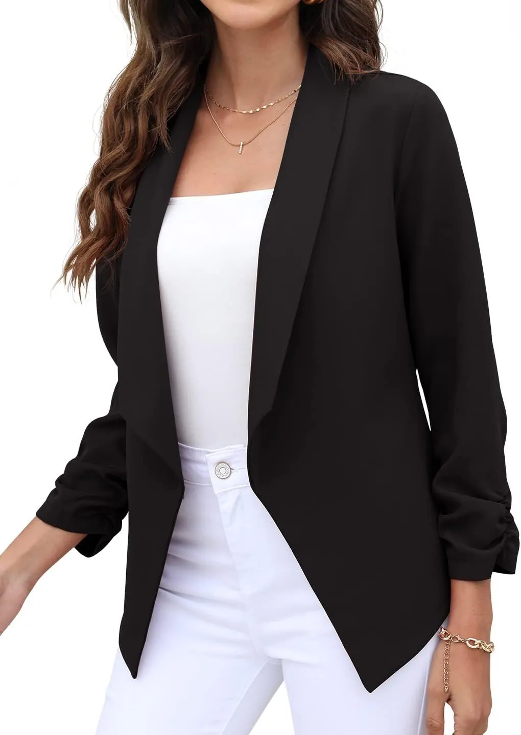 GRECERELLE Women's Blazer Suit Open Front Cardigan 3/4 Sleeve Fitted Jacket Casual Office Cropped Blazer
