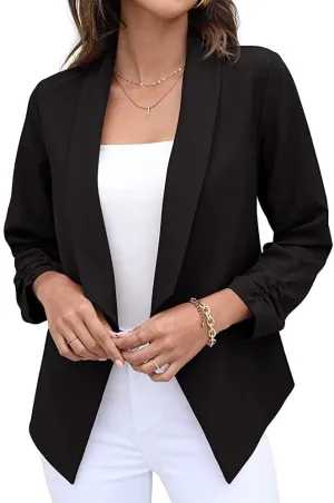 GRECERELLE Women's Blazer Suit Open Front Cardigan 3/4 Sleeve Fitted Jacket Casual Office Cropped Blazer