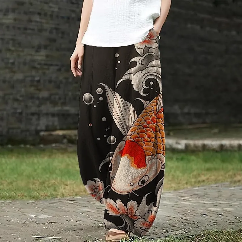 HOTYD Womens Japanese Art Print Wide Leg Linen Pants Relaxed Fit Lantern Pants Casual Summer Baggy Trousers with Pockets