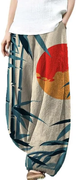 HOTYD Womens Japanese Art Print Wide Leg Linen Pants Relaxed Fit Lantern Pants Casual Summer Baggy Trousers with Pockets