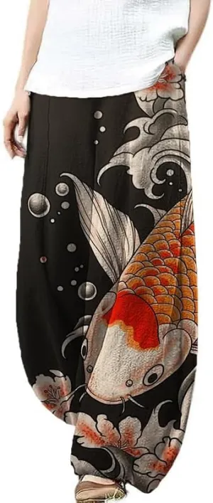 HOTYD Womens Japanese Art Print Wide Leg Linen Pants Relaxed Fit Lantern Pants Casual Summer Baggy Trousers with Pockets
