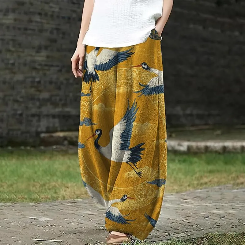 HOTYD Womens Japanese Art Print Wide Leg Linen Pants Relaxed Fit Lantern Pants Casual Summer Baggy Trousers with Pockets