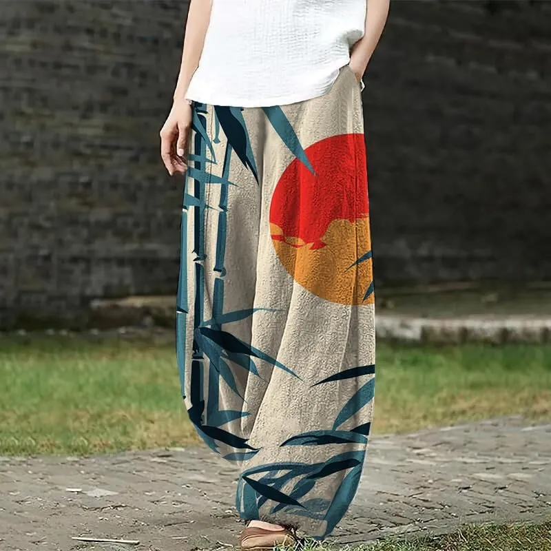 HOTYD Womens Japanese Art Print Wide Leg Linen Pants Relaxed Fit Lantern Pants Casual Summer Baggy Trousers with Pockets