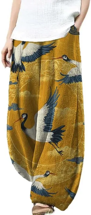 HOTYD Womens Japanese Art Print Wide Leg Linen Pants Relaxed Fit Lantern Pants Casual Summer Baggy Trousers with Pockets