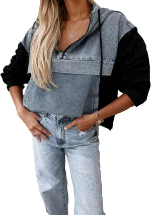 IVERIRMIN Women's Half Zip Denim Patchwork Hoodies Oversized Jean Pullover Tops Vintage Hooded Sweatshirt Long Sleeve Shirts
