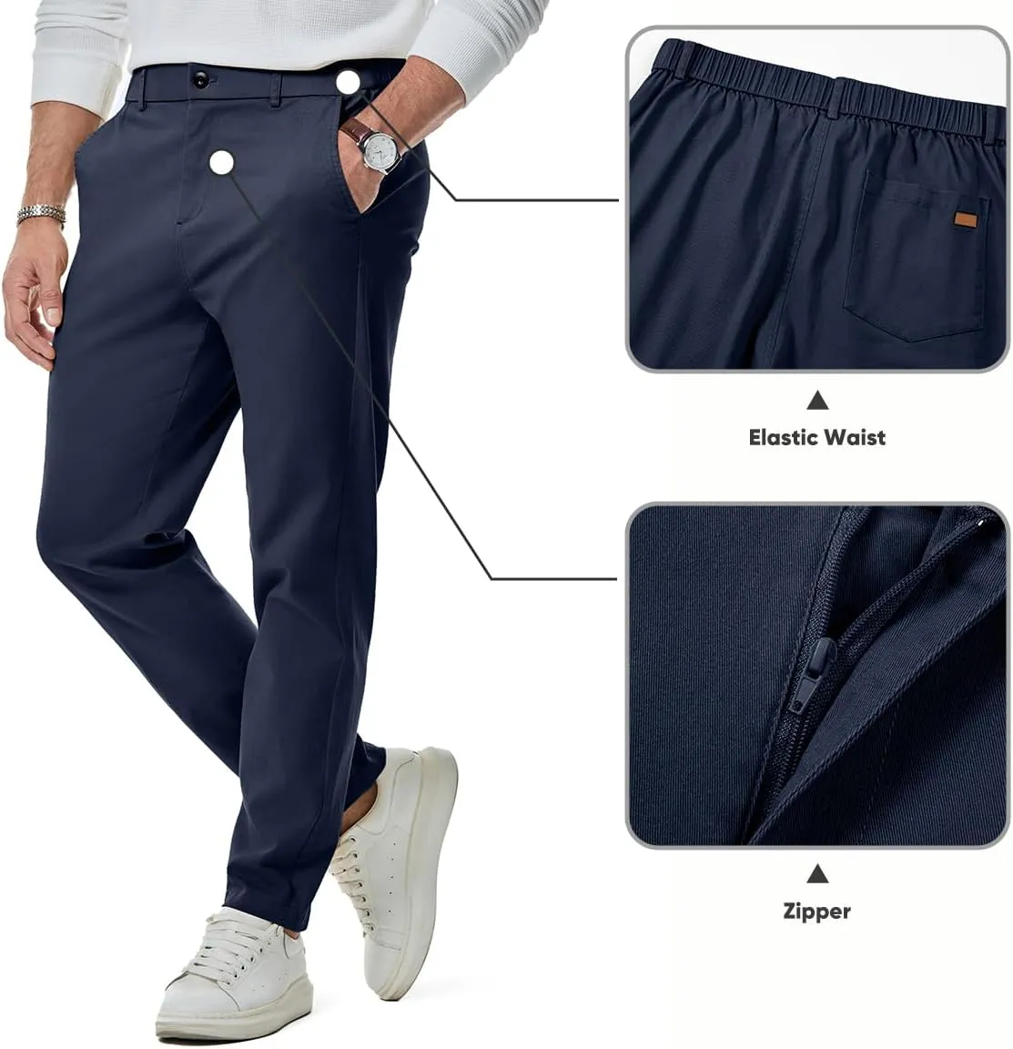 JMIERR Men's Chino Pants Casual Stretch Waist Tapered Trousers with Pockets