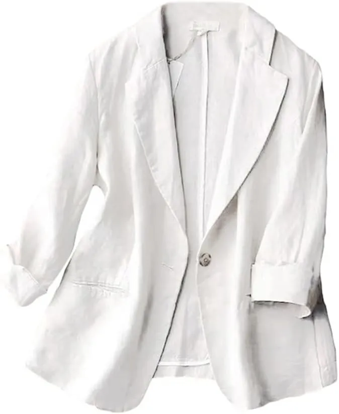 Kinghua Women's Casual One Button Linen Blazer Jackets Lapel 3/4 Sleeve Suit Blazer