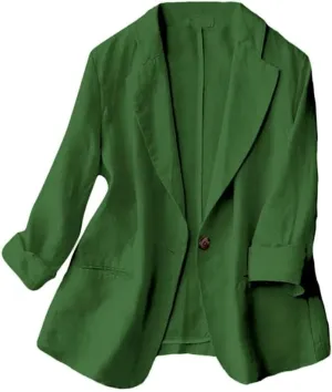 Kinghua Women's Casual One Button Linen Blazer Jackets Lapel 3/4 Sleeve Suit Blazer
