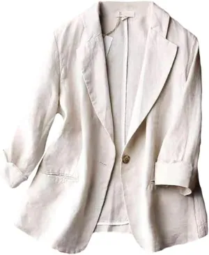 Kinghua Women's Casual One Button Linen Blazer Jackets Lapel 3/4 Sleeve Suit Blazer