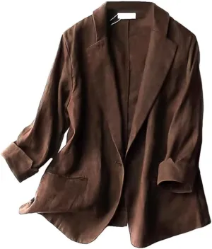 Kinghua Women's Casual One Button Linen Blazer Jackets Lapel 3/4 Sleeve Suit Blazer