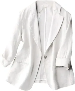 Kinghua Women's Casual One Button Linen Blazer Jackets Lapel 3/4 Sleeve Suit Blazer